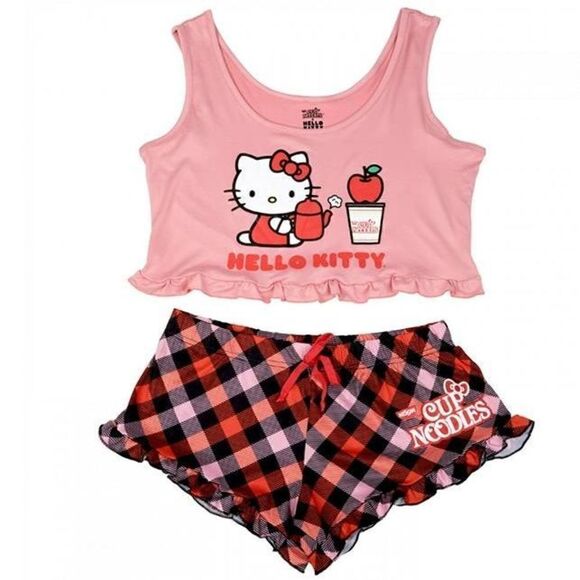Hello Kitty Sanrio X Nissin Pajama Set Pink Plaid Large -A - Picture 3 of 5